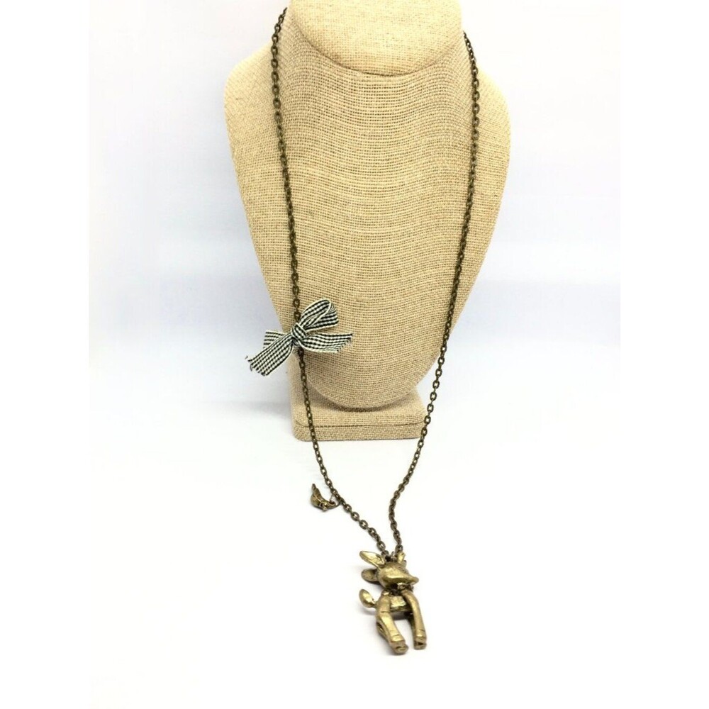 Deer Necklace Whimsical Brass Tone Animal Charm Bird Bow Cottage